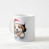 サンタの帽子をかぶった愛らしい子犬 かわいいクリスマスの犬 コーヒーマグカップ (正面左)