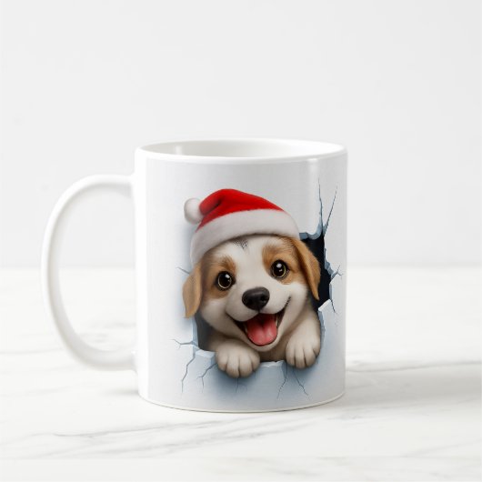サンタの帽子をかぶった愛らしい子犬 かわいいクリスマスの犬 コーヒーマグカップ (左)