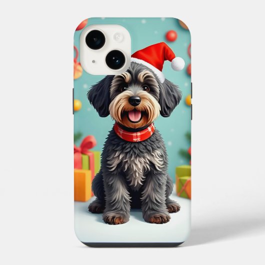 サンタの帽子をかぶった愛らしい犬 iPhoneケース (裏面)