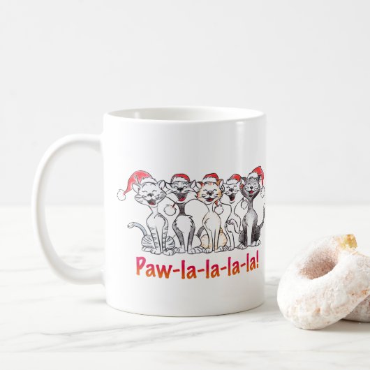 サンタの帽子をかぶった歌うクリスマス猫 コーヒーマグカップ (ドーナツ)