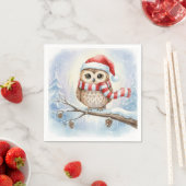 サンタの帽子をかぶった水彩画のクリスマスフクロウ スタンダードカクテルナプキン (インサイチュ)