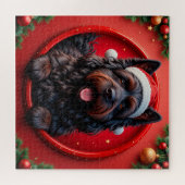 サンタの帽子をかぶった犬とクリスマスの飾り ジグソーパズル (横)