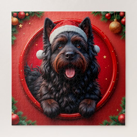 サンタの帽子をかぶった犬とクリスマスの飾り ジグソーパズル (縦)