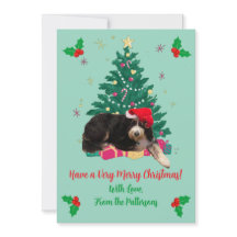 サンタの帽子をかぶった犬の写真 クリスマスツリー フラット ホリデーカード