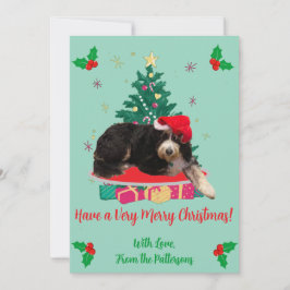 サンタの帽子をかぶった犬の写真 クリスマスツリー フラット ホリデーカード