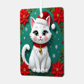 サンタの帽子をかぶった猫とポインセチアのクリスマス メタルオーナメント (正面左)