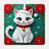サンタの帽子をかぶった猫とポインセチアのクリスマス メタルオーナメント (正面)