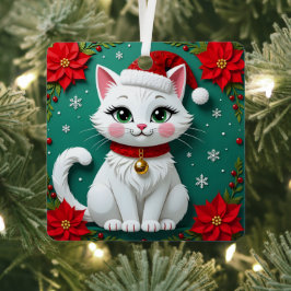 サンタの帽子をかぶった猫とポインセチアのクリスマス メタルオーナメント