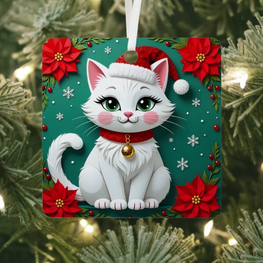 サンタの帽子をかぶった猫とポインセチアのクリスマス メタルオーナメント (インサイチュ)