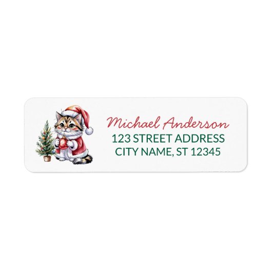 サンタの帽子をかぶった猫のクリスマスツリーの返信住所 ラベル (正面)