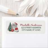 サンタの帽子をかぶった猫のクリスマスツリーの返信住所 ラベル (インサイチュ)