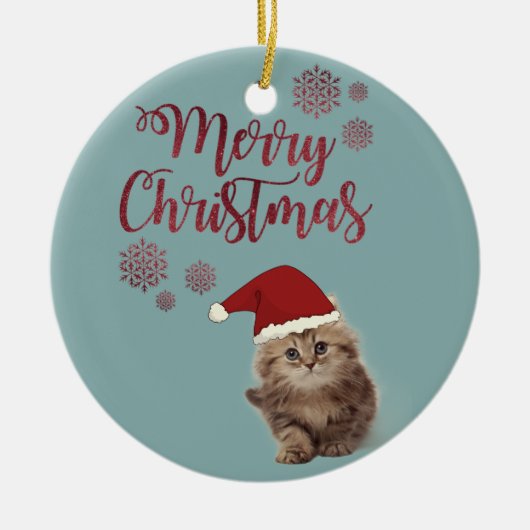 サンタの帽子をかぶった猫のクリスマス セラミックオーナメント (正面)