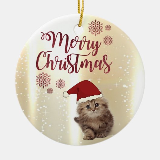 サンタの帽子をかぶった猫 メリークリスマス セラミックオーナメント (正面)