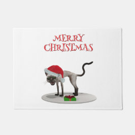 サンタの帽子をかぶった猫 メリークリスマス ドアマット