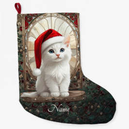 サンタの帽子をかぶった白い子猫のストッキング ラージクリスマスストッキング