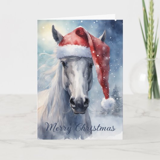サンタの帽子をかぶった白馬のクリスマス水彩画 カード (正面)