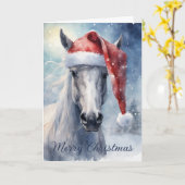 サンタの帽子をかぶった白馬のクリスマス水彩画 カード (黄色い花)