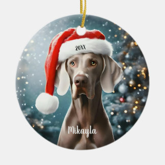 サンタの帽子をかぶった美しいヴァイマラナー クリスマス セラミックオーナメント