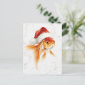 サンタの帽子をかぶった金魚のクリスマス水彩画 シーズンポストカード (スタンド正面)