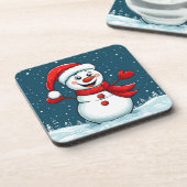 サンタの帽子をかぶった雪だるま クリスマスのお祝い コースター (左側)