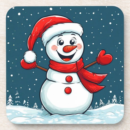 サンタの帽子をかぶった雪だるま クリスマスのお祝い コースター (正面)