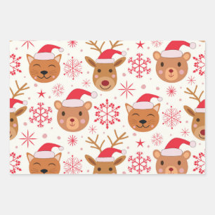 サンタの帽子をかぶった面白いクリスマスの動物たち  ラッピングペーパーシート