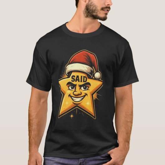 サンタの帽子をかぶった面白いクリスマス星 - 名前入り Tシャツ (正面)