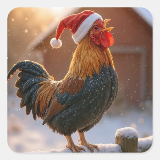 サンタの帽子をかぶった鳴き声をあげるクリスマスの雄鶏 スクエアシール (正面)