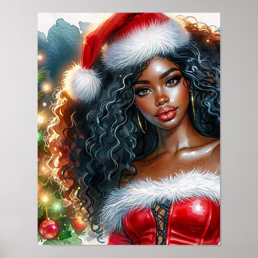 サンタの帽子をかぶった黒人の女性とクリスマスツリー ポスター (正面)