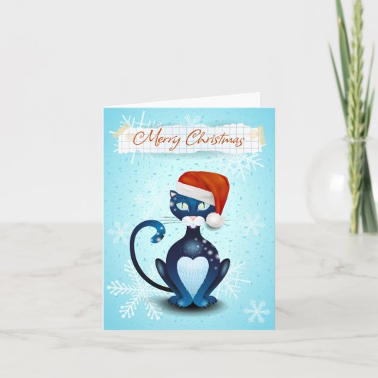 サンタの帽子をかぶった黒猫とメリークリスマス シーズンカード (正面)