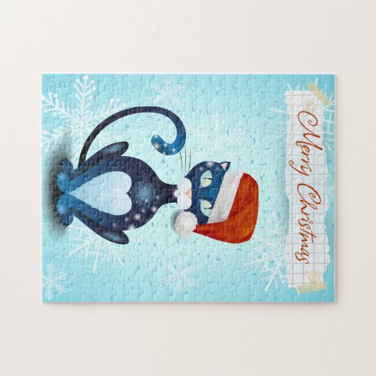 サンタの帽子をかぶった黒猫とメリークリスマス ジグソーパズル (横)