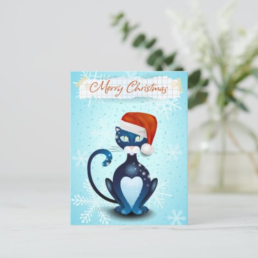サンタの帽子をかぶった黒猫とメリークリスマス ポストカード (スタンド正面)
