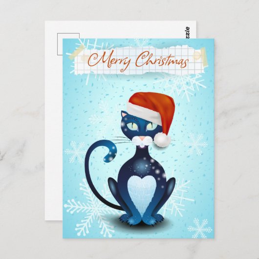 サンタの帽子をかぶった黒猫とメリークリスマス ポストカード (正面/裏面)