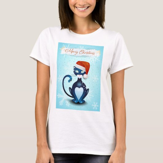 サンタの帽子をかぶった黒猫とメリークリスマス Tシャツ (正面)