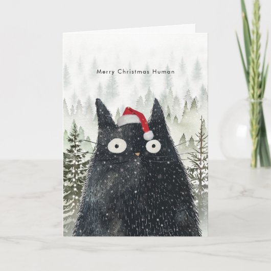 サンタの帽子をかぶった黒猫の面白いクリスマスカード カード (正面)