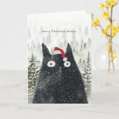 サンタの帽子をかぶった黒猫の面白いクリスマスカード カード (黄色い花)