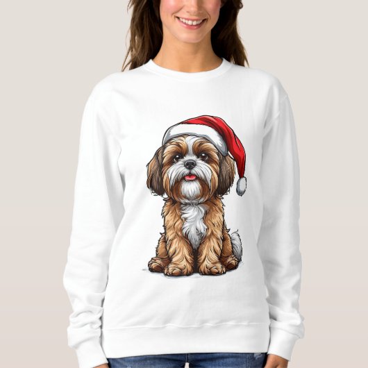 サンタの帽子をかぶってクリスマスをお祝いする可愛い犬 スウェットシャツ (正面)