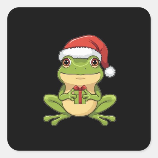 サンタの帽子をかぶってプレゼントを持つ可愛いクリスマスのカエル スクエアシール (正面)