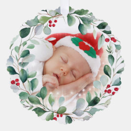 サンタの帽子をかぶって眠る赤ちゃんとクリスマスのリース オーナメントカード