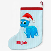 サンタの帽子を持つかわいい青色児の恐竜 スモールクリスマスストッキング (裏面)