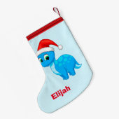 サンタの帽子を持つかわいい青色児の恐竜 スモールクリスマスストッキング (裏面 (吊り時))