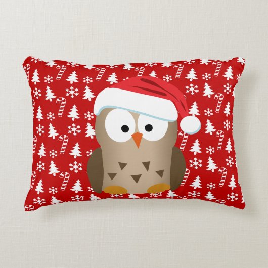 サンタの帽子を持つクリスマスのフクロウ アクセントクッション (正面)