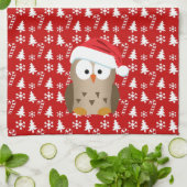 サンタの帽子を持つクリスマスのフクロウ キッチンタオル (折り畳み)