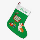 サンタの帽子を持つコーギー ラージクリスマスストッキング (正面 (吊り時))