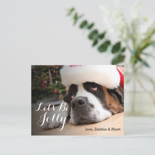 サンタの帽子を持つサンベルナール峠犬 シーズンポストカード (スタンド正面)