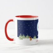 サンタの帽子を持つフクロウおよびクリスマスのスカーフ及びカスタムな文字 マグカップ (左)