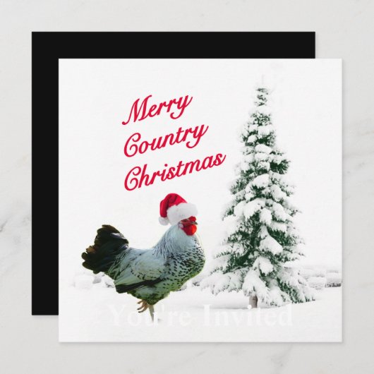 サンタの帽子を持つメリーな国のクリスマスの鶏 招待状 (正面/裏面)
