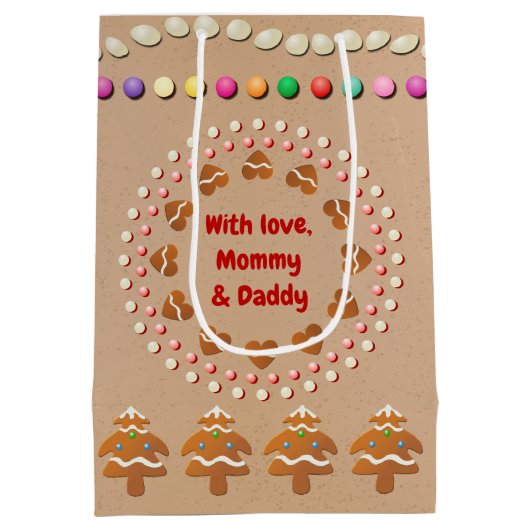 サンタの帽子を持つ幸せなジンジャーブレッドの男の子 ミディアムペーパーバッグ (裏面)