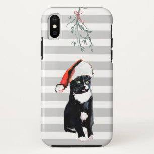 サンタの帽子を持つ白黒クリスマス猫 iPhone X ケース