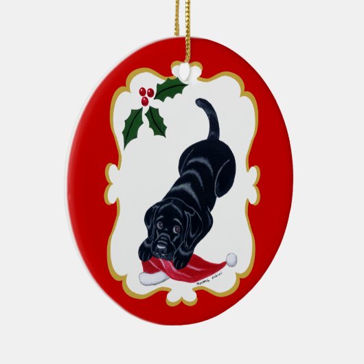 サンタの帽子を持つ黒い実験室の子犬 セラミックオーナメント (右)